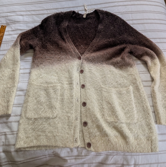 Melissa McCarthy Seven7 Sweaters - Brown and Cream Fuzzy Cardigan by Melissa McCarthy large